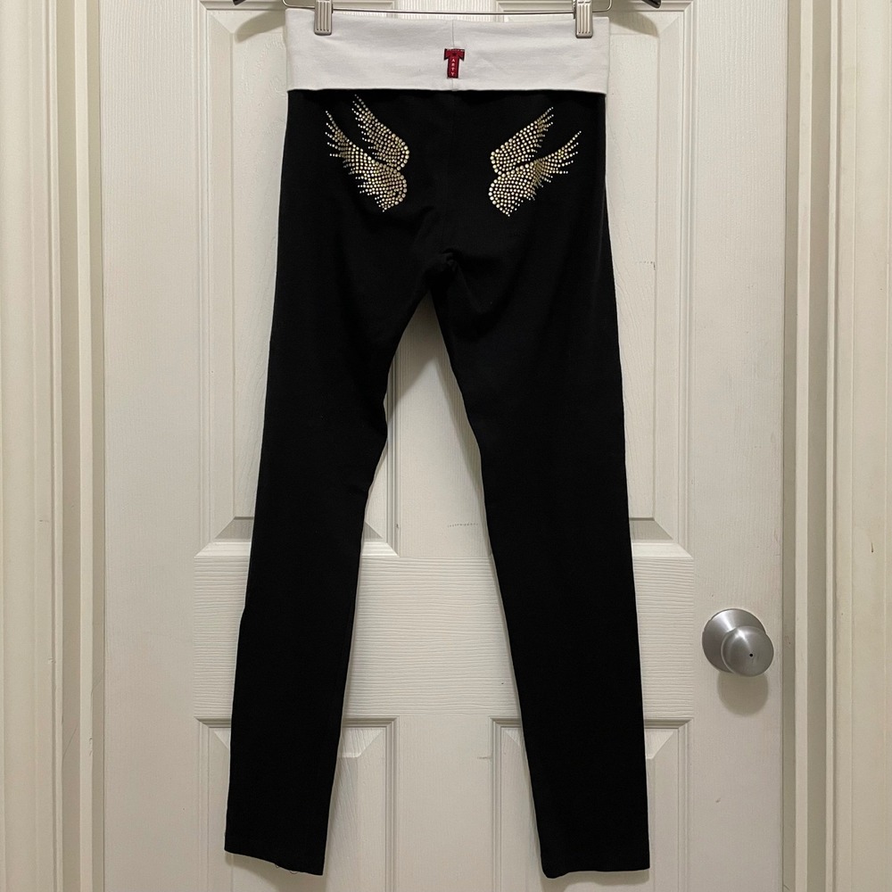 Vintage T-Party Foldover Leggings Yoga Pants Rhinestone Angel Wings Y2K S M Flaw